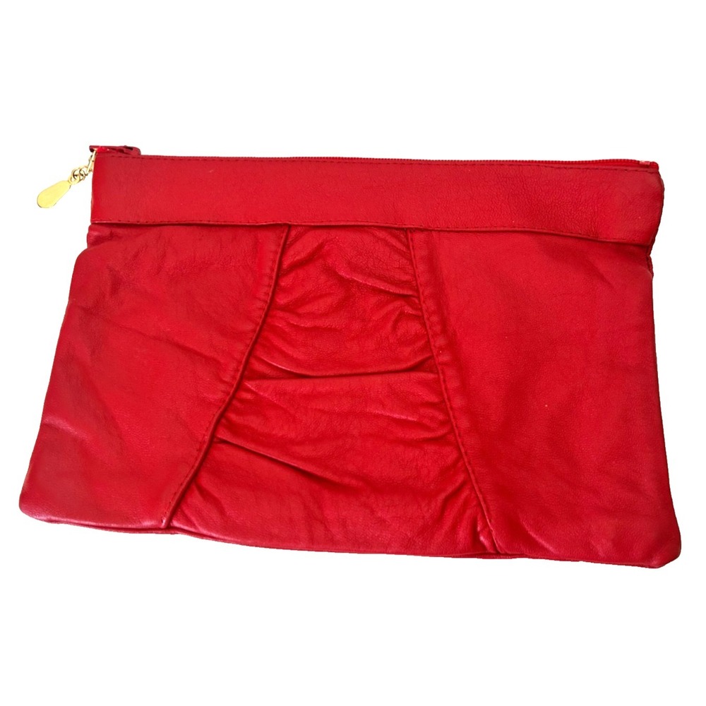 1980s Vintage Italian Red Leather Envelope Clutch Bag Ruched Slouchy Top Zip NOS - Picture 2 of 8